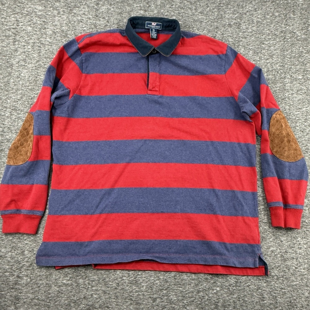 Vineyard Vines Mens Rugby Shirt Large Red Blue Stripes Long Sleeve Elbow Patches